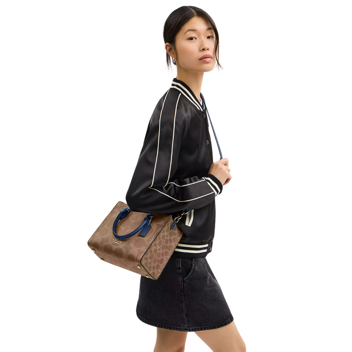 Coach Maggie Small Tote Bag In Signature Canvas Gold Tan Deep Blue