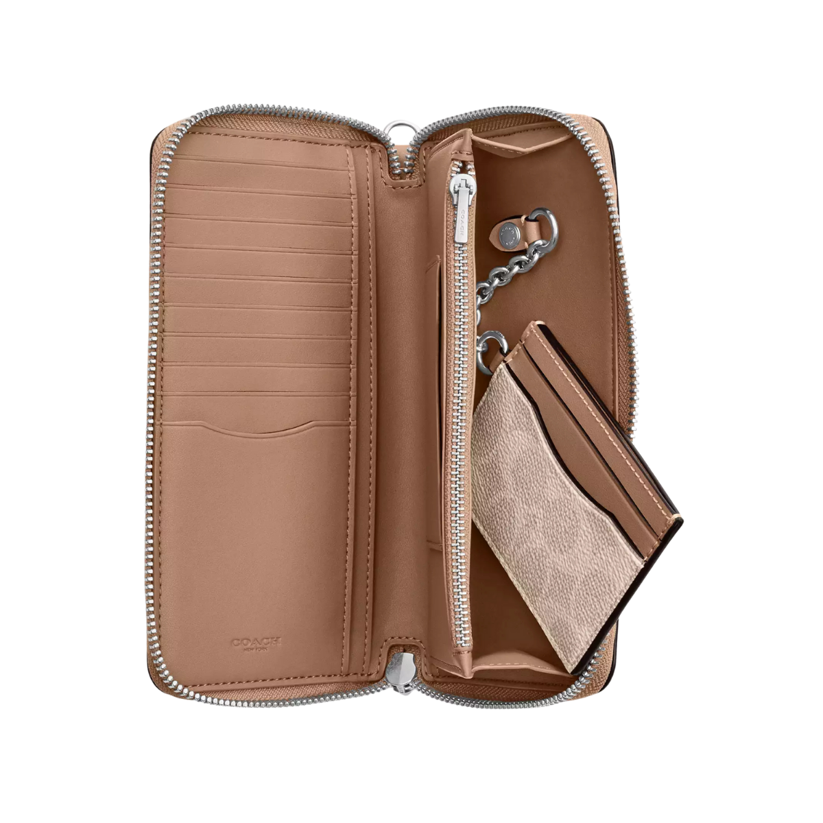 Coach Long Zip Around Wallet With Detachable Card Case In Signature Canvas Silver Sand Taupe