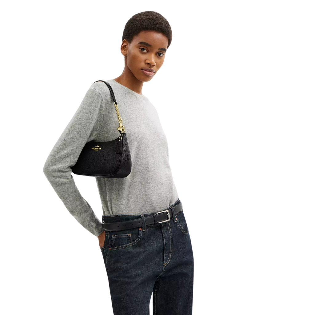 Coach Teri Shoulder Bag Pebbled Leather Gold Black
