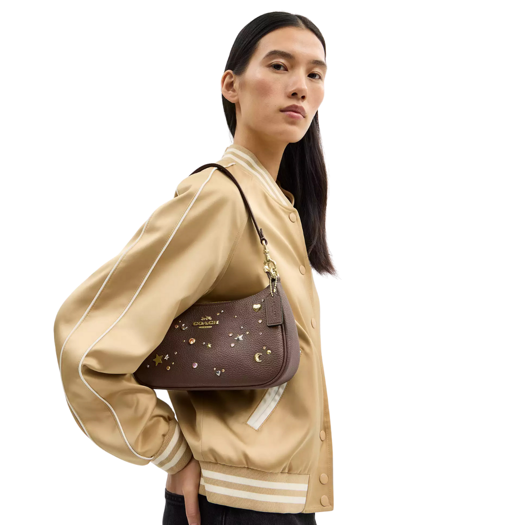 Coach Teri Shoulder Bag With Rivets Pebbled Leather- Gold Dark Stone