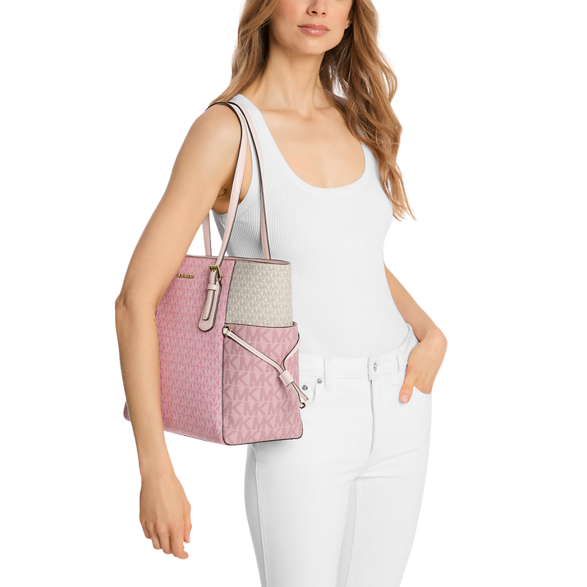 Michael Kors Voyager Large Color-Block Signature Logo Tote Bag Pwd Blsh Mlt