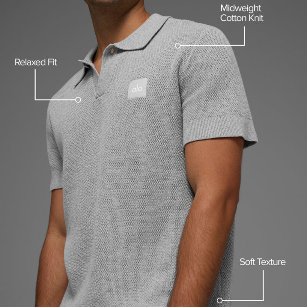 Alo Yoga Sports Club Sweater Knit Polo Athletic Heather Grey