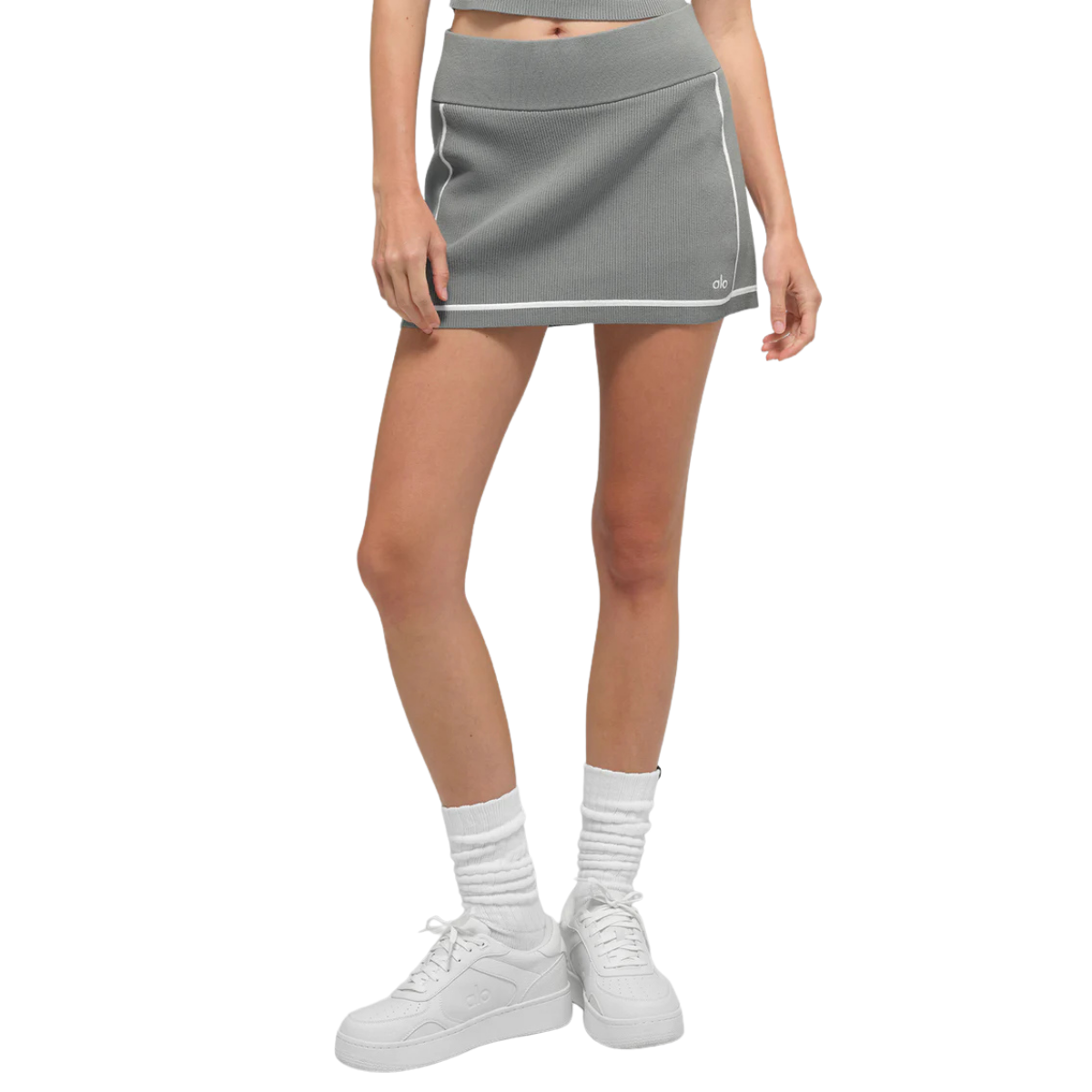Alo Yoga Women's Ribbed Sweater Knit Highline Mini Skirt Lunar Grey White