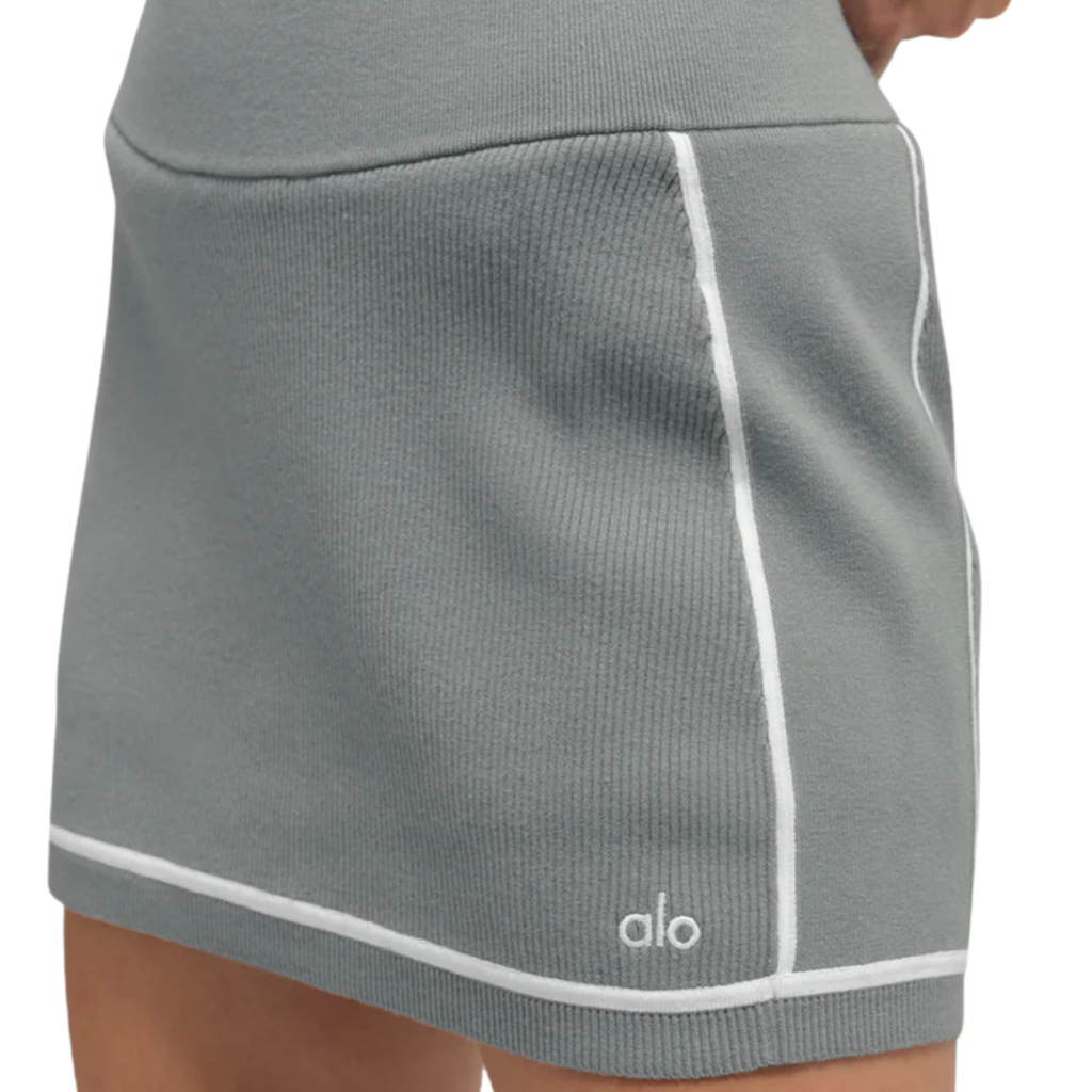Alo Yoga Women's Ribbed Sweater Knit Highline Mini Skirt Lunar Grey White