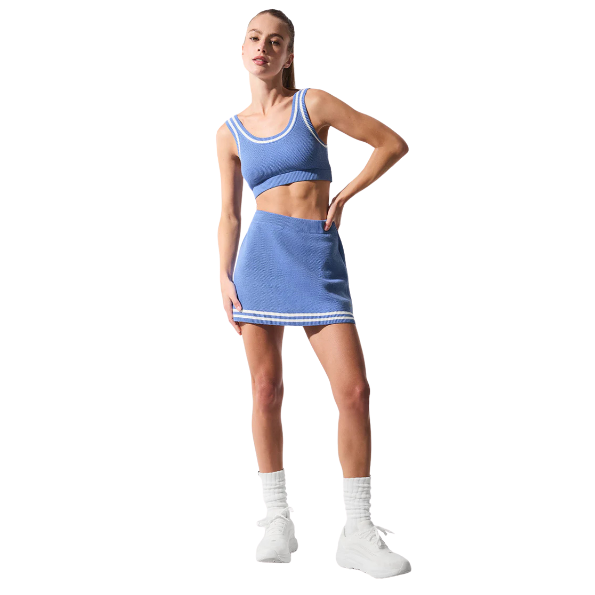 Alo Yoga Women's Tennis Club Sweater Knit Skirt Crystal Clear Blue White