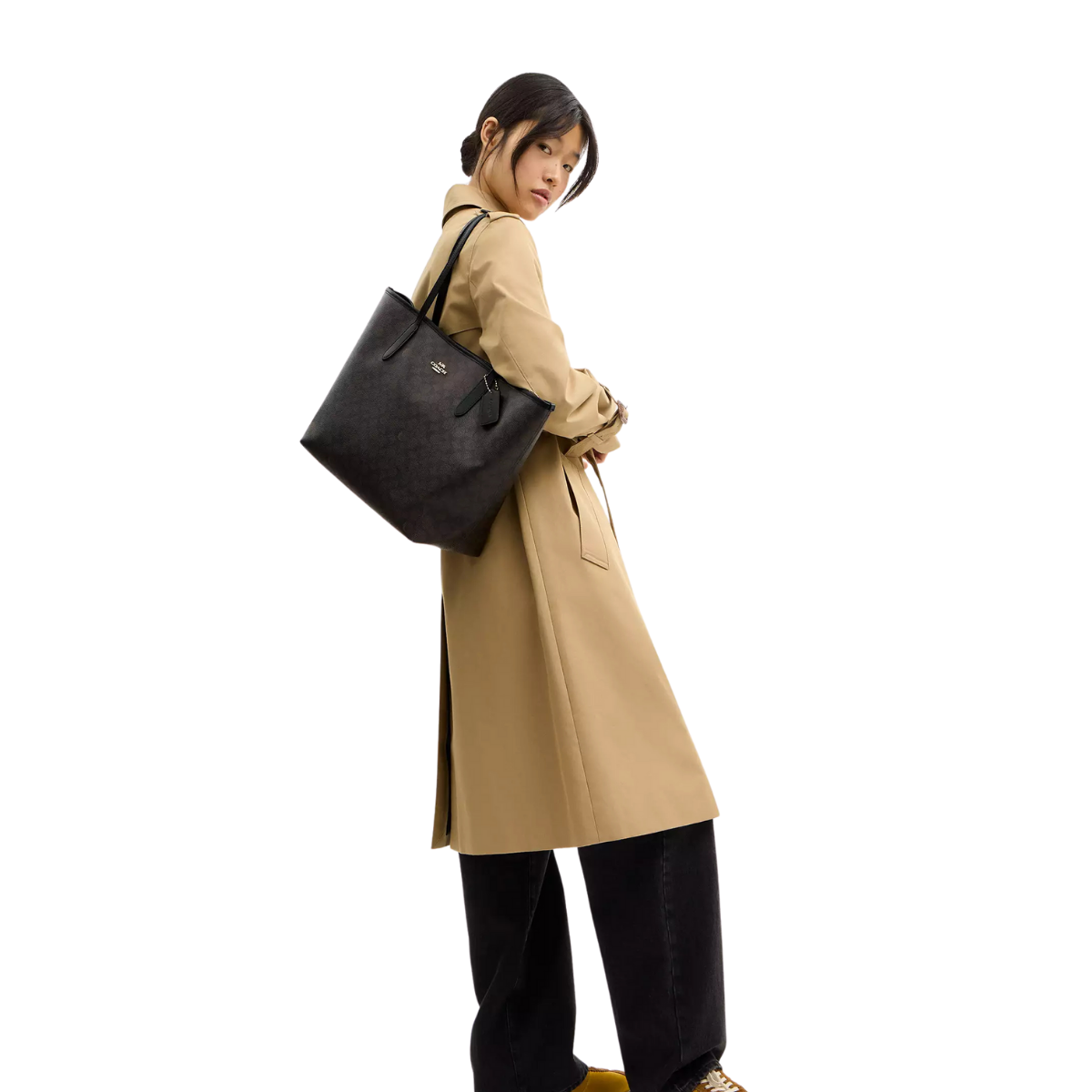 Coach City Tote Bag In Signature Canvas Gold Walnut Black