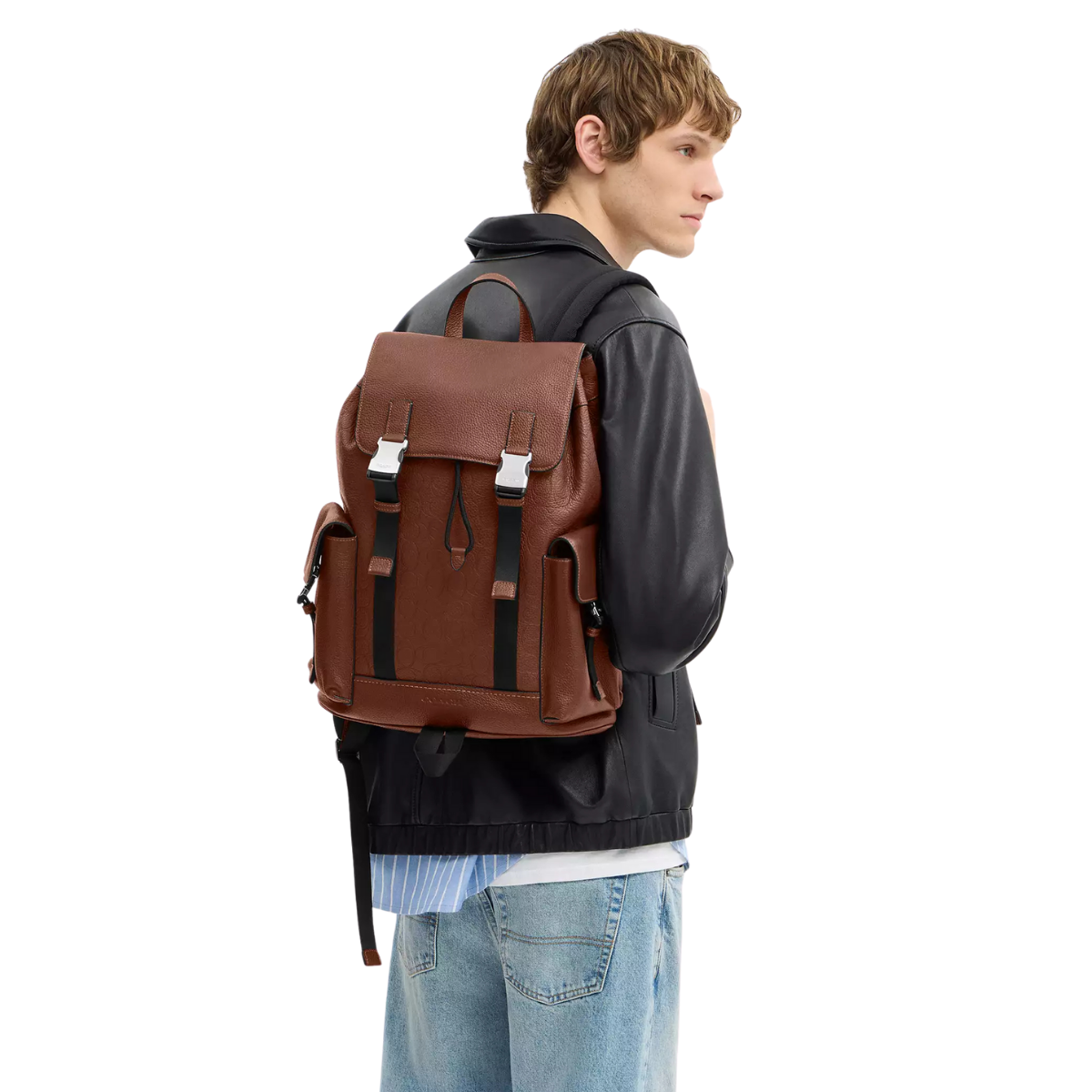 Coach Clark Backpack Signature Leather Silver Vintage Brown
