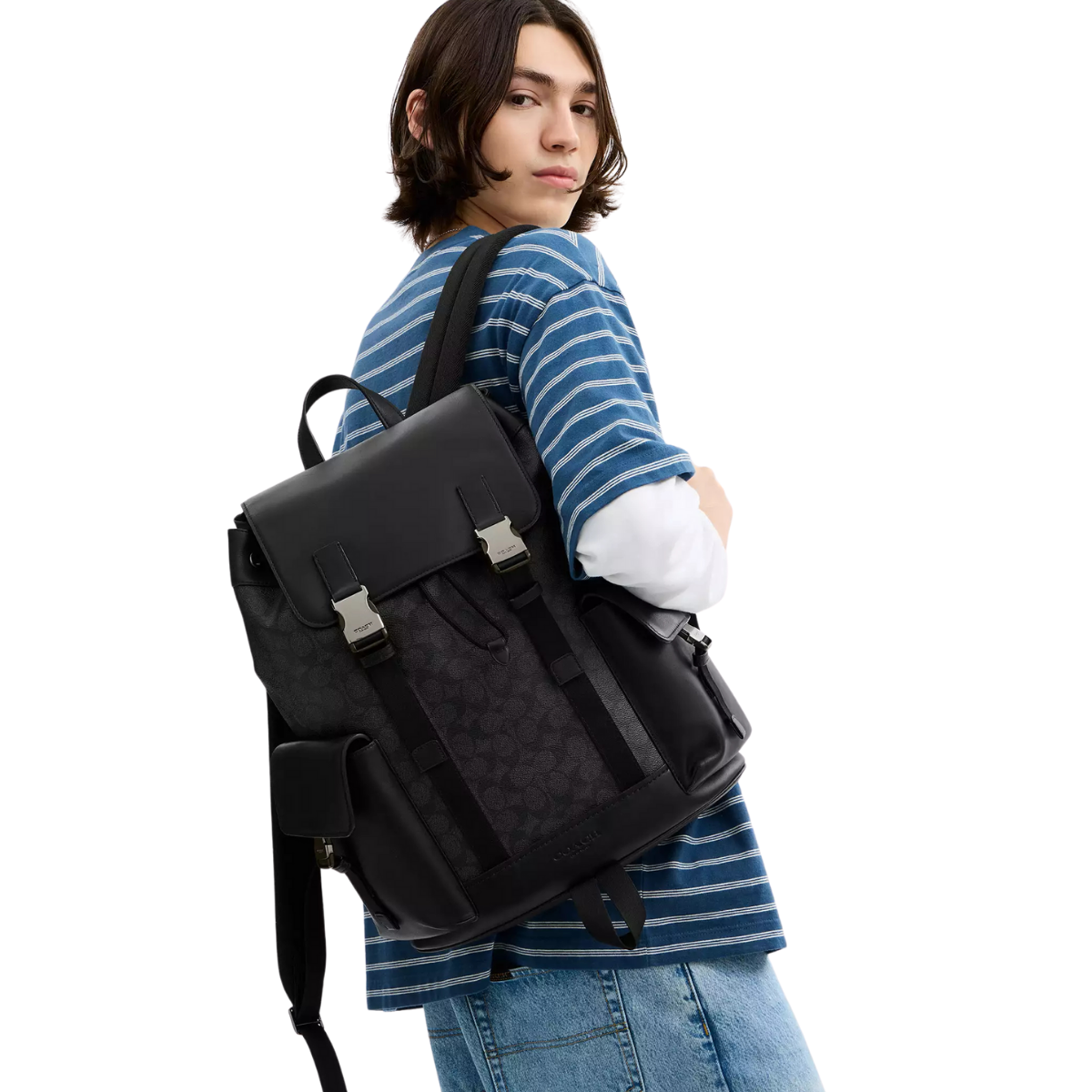 Coach Clark Backpack Signature Canvas Gunmetal Charcoal Black