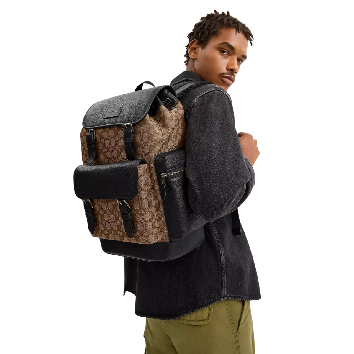 Coach Sprint Backpack Signature Jacquard Gunmetal Tan Black