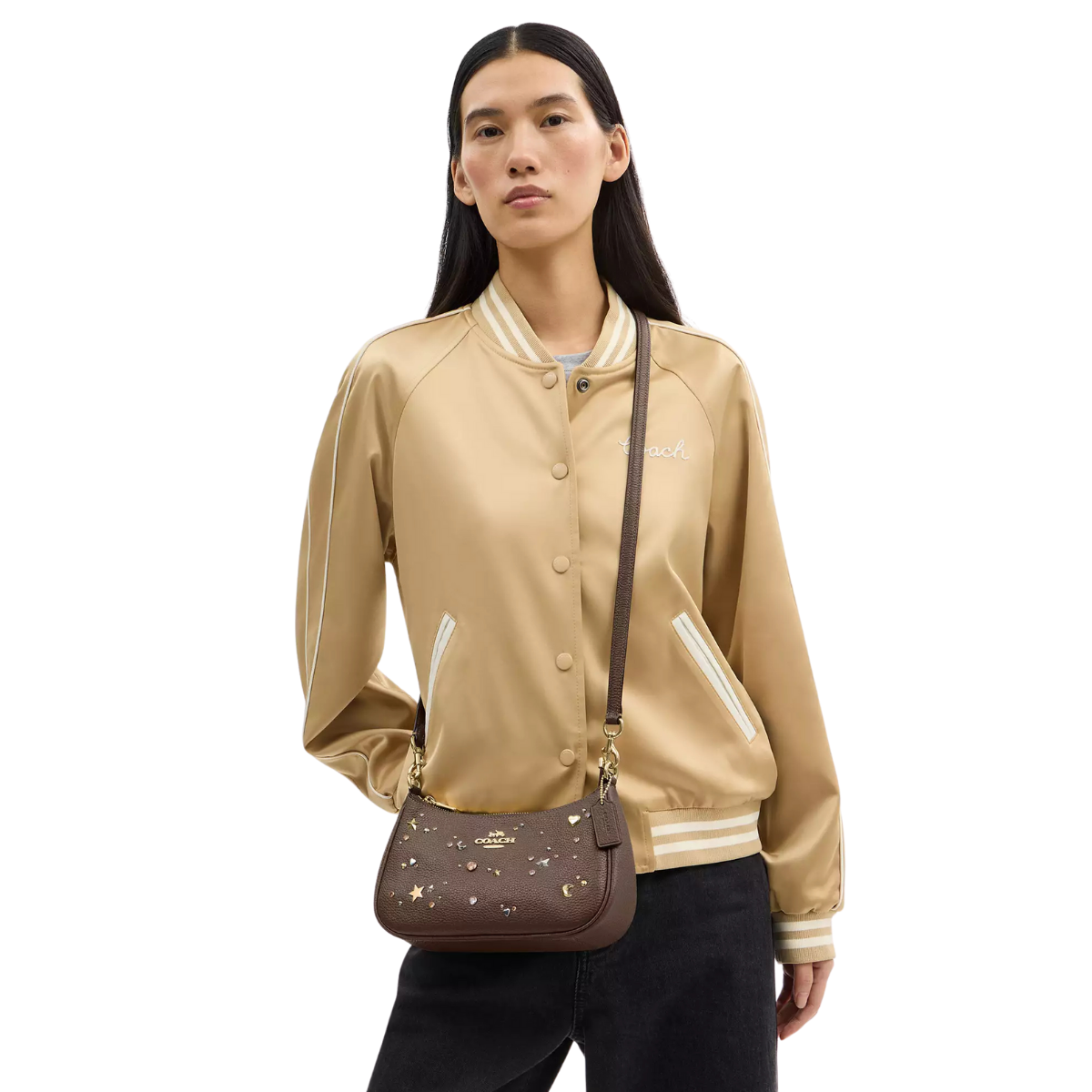 Coach Teri Shoulder Bag With Rivets Pebbled Leather- Gold Dark Stone