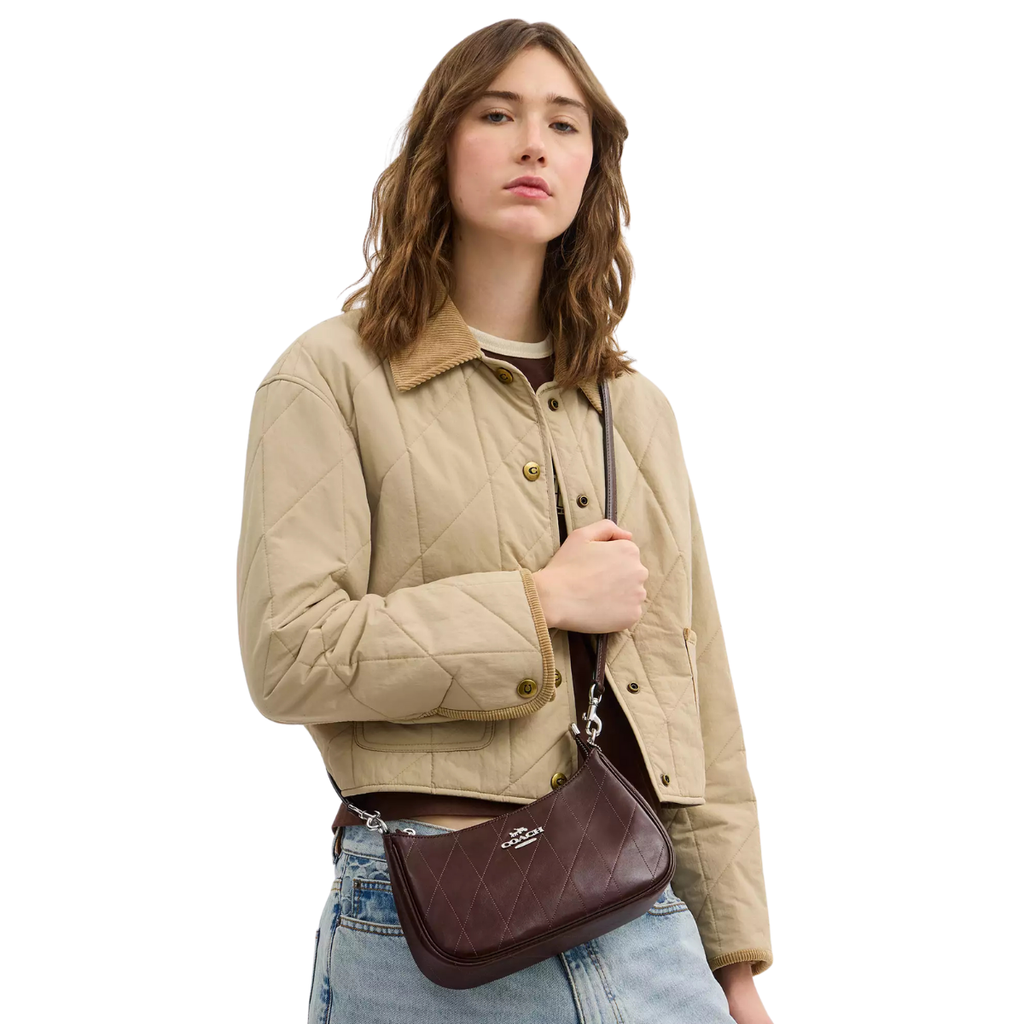 Coach Teri Shoulder Bag With Quilting Smooth Leather Silver Maple