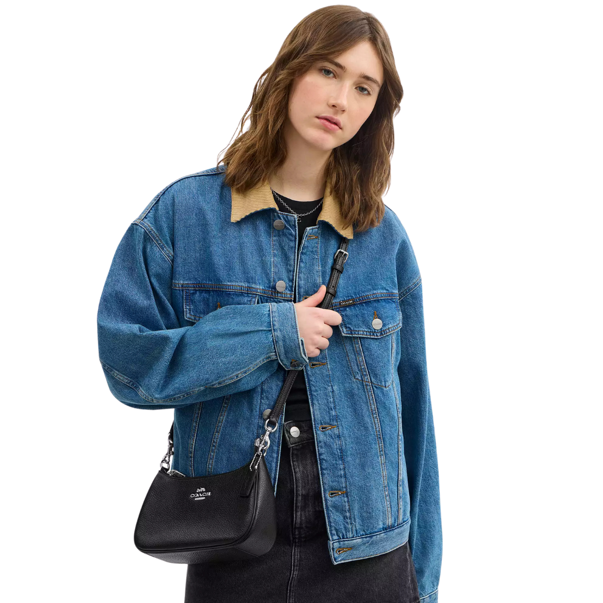 Coach Teri Shoulder Bag Pebbled Leather Silver Black