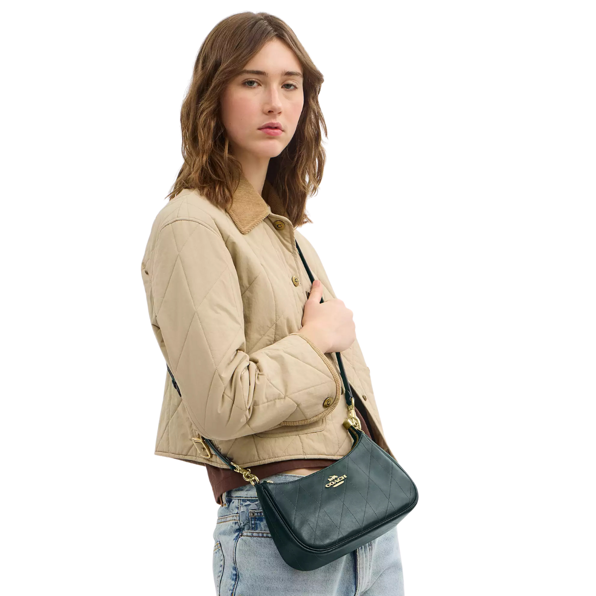 Coach Teri Shoulder Bag With Quilting Smooth Leather Gold Dark Teal
