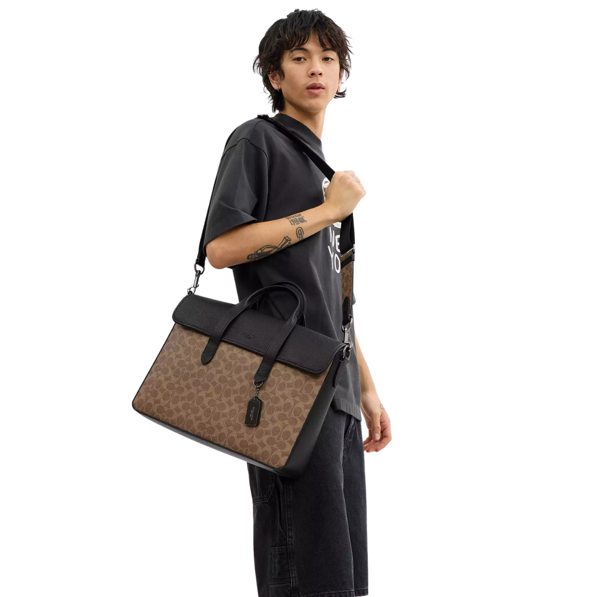 Coach Sullivan Portfolio Brief In Signature Canvas Gunmetal Tan Black