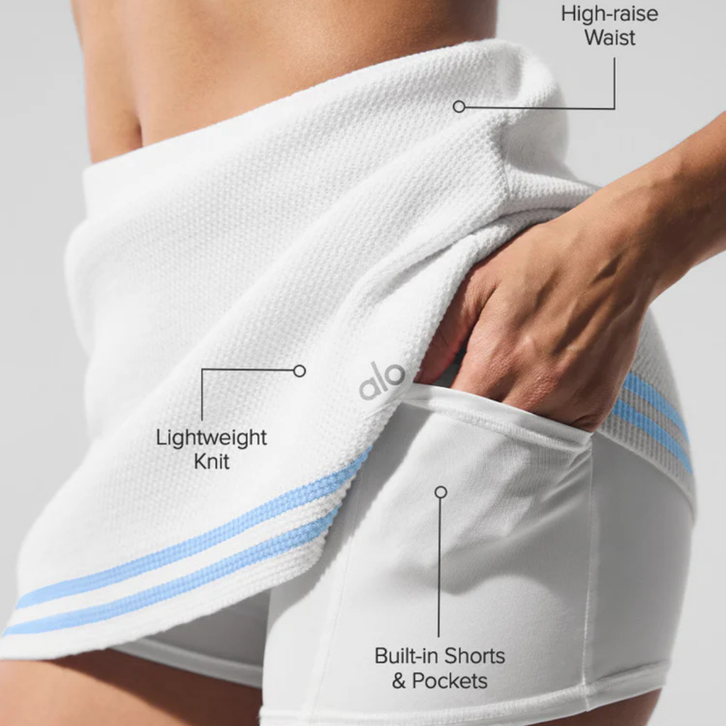 Alo Yoga Women's Tennis Club Sweater Knit Skirt White Seashell Blue