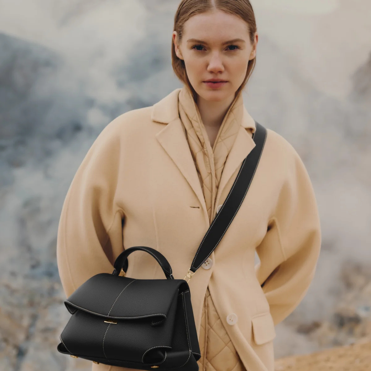 Polene Mokki Textured Black with Ecru Stitching