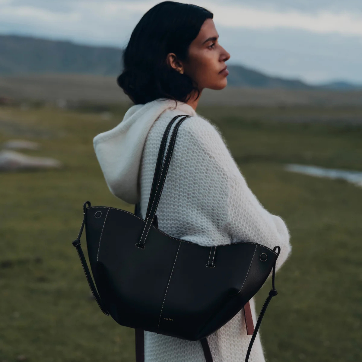 Polene Cyme Mini Textured Black with Ecru Stitching