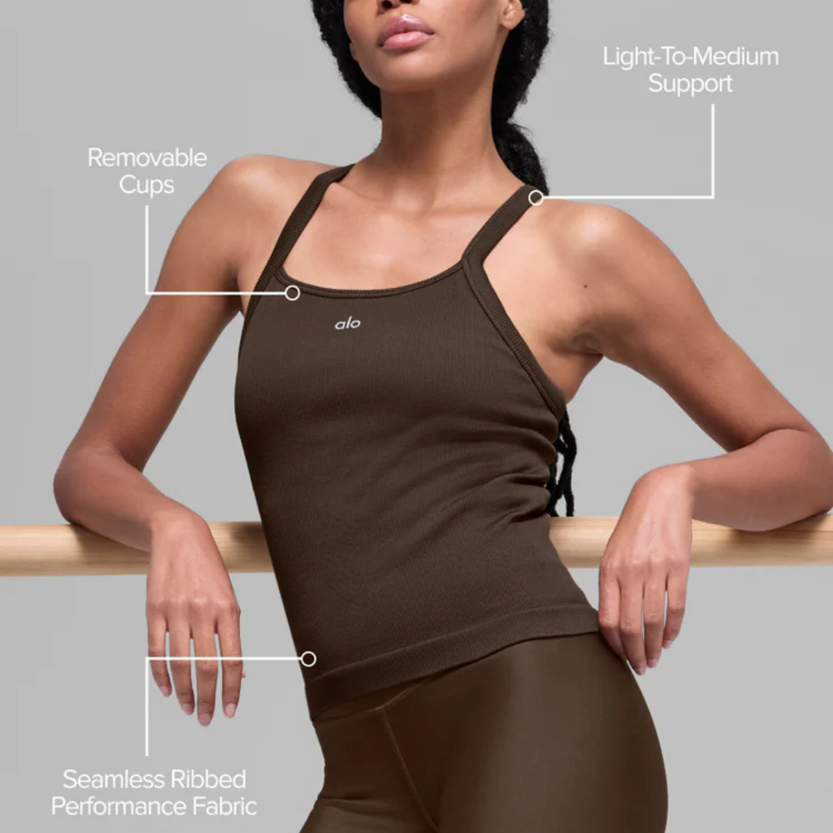 Alo Yoga Women's Seamless Ribbed Favorite Full Length Bra Tank Espresso