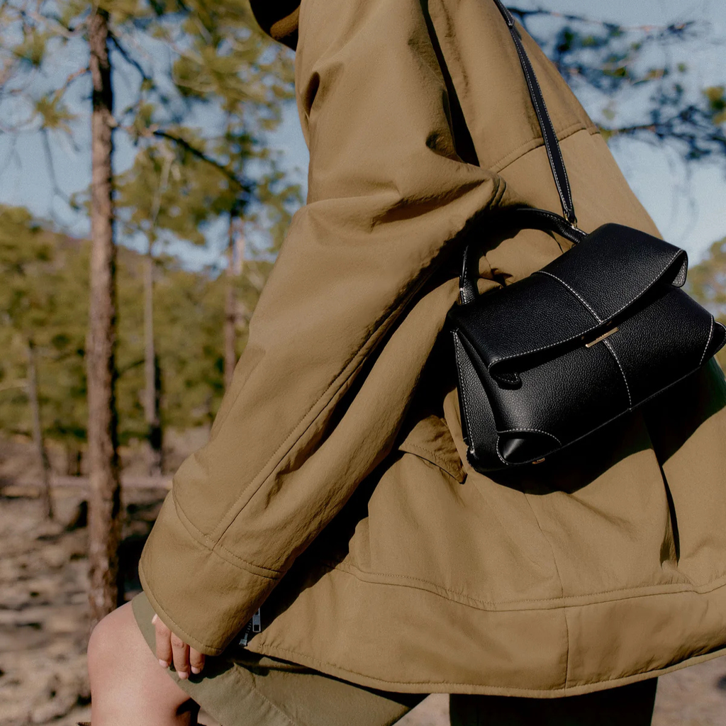 Polene Mokki Mini Textured Black with Ecru Stitching