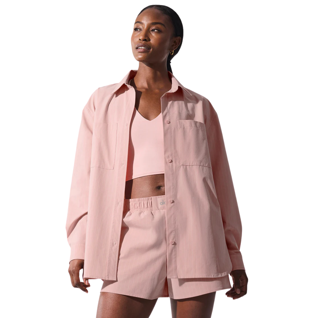 Alo Yoga Women's Pinstripe Daylight Button Down Long Sleeve Pink Quartz Ivory