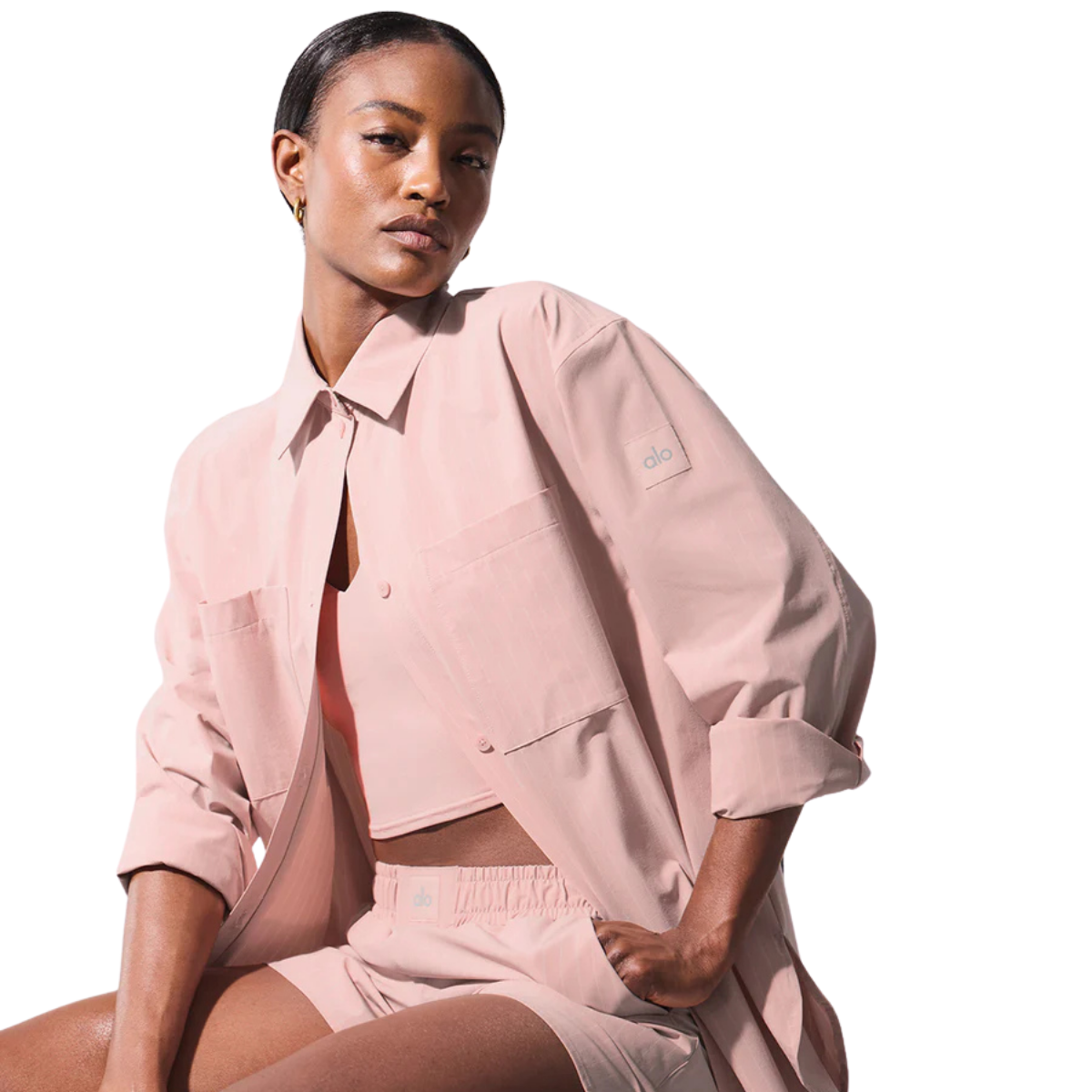 Alo Yoga Women's Pinstripe Daylight Button Down Long Sleeve Pink Quartz Ivory