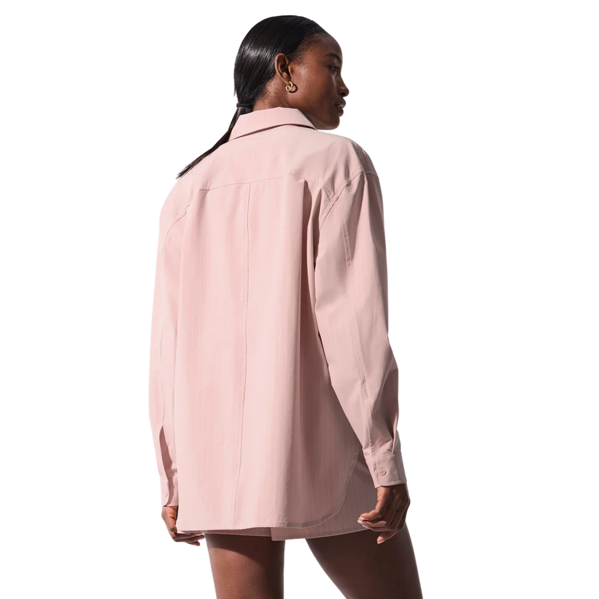 Alo Yoga Women's Pinstripe Daylight Button Down Long Sleeve Pink Quartz Ivory