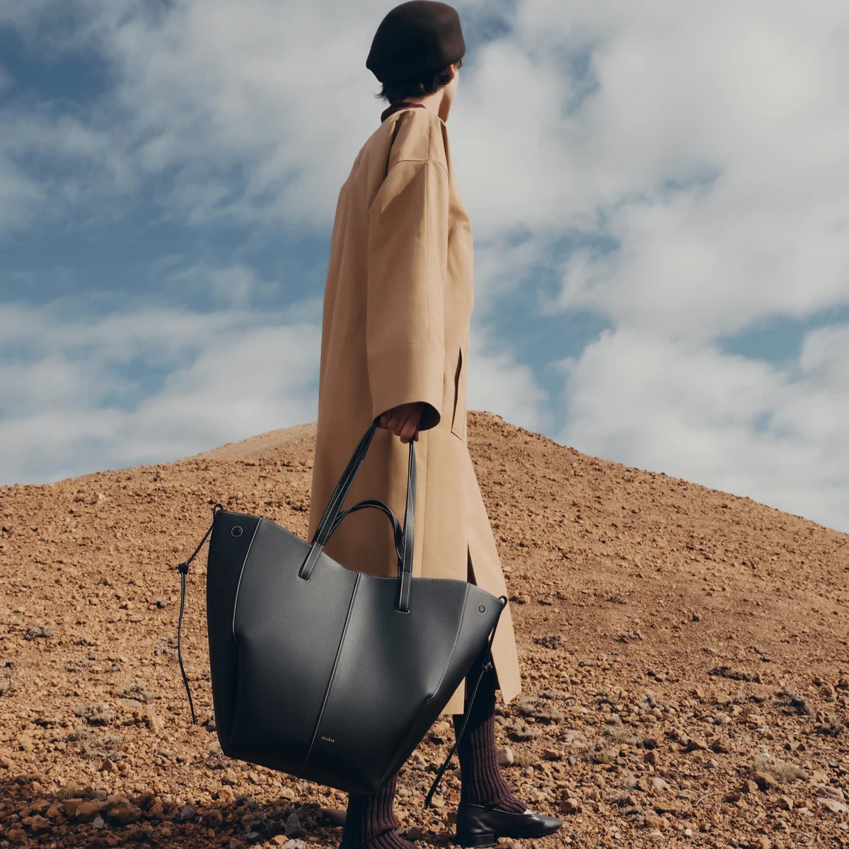 Polene Cyme Tote Textured Black with Ecru Stitching