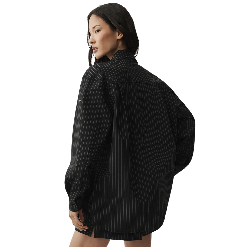 Alo Yoga Women's Pinstripe Daylight Button Down Long Sleeve Black Titanium