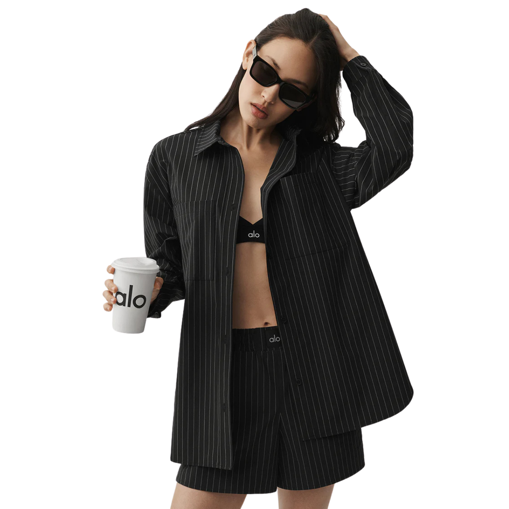 Alo Yoga Women's Pinstripe Daylight Button Down Long Sleeve Black Titanium