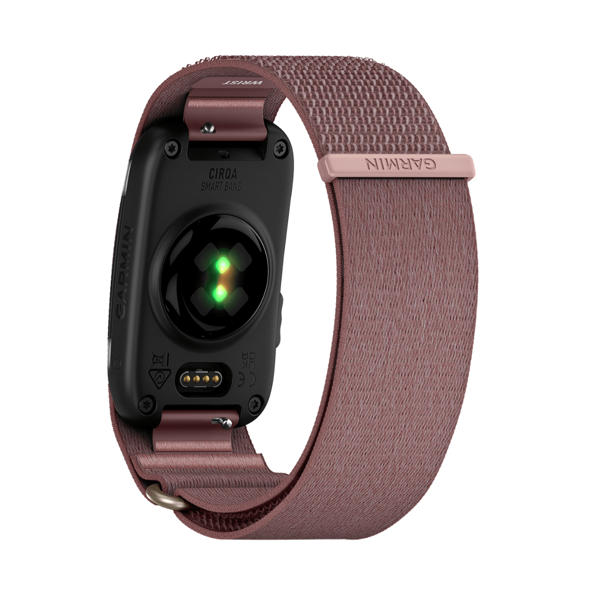 A Garmin smart heart rate monitor with a black circular sensor and a textured rose gold fabric loop strap, shown on a solid white background.
