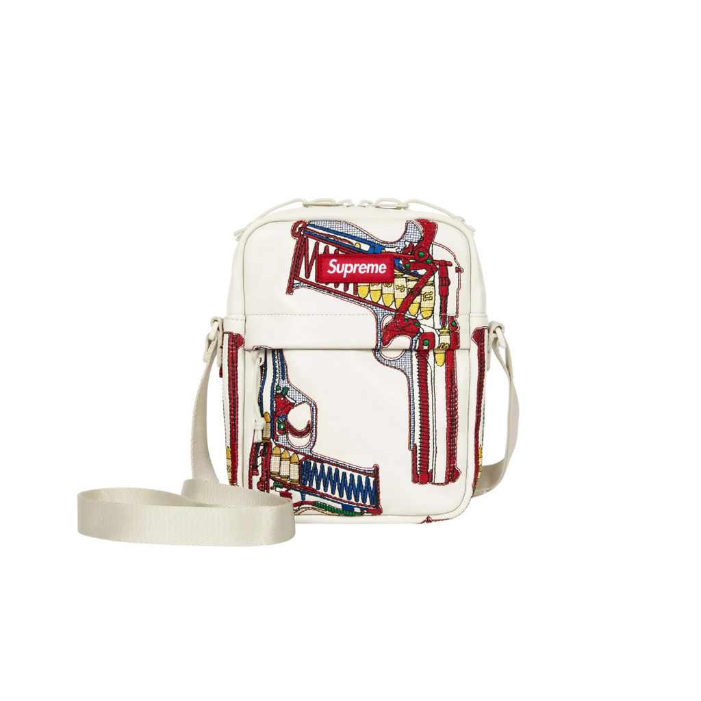 Supreme Guns Embroidered Leather Shoulder Bag White