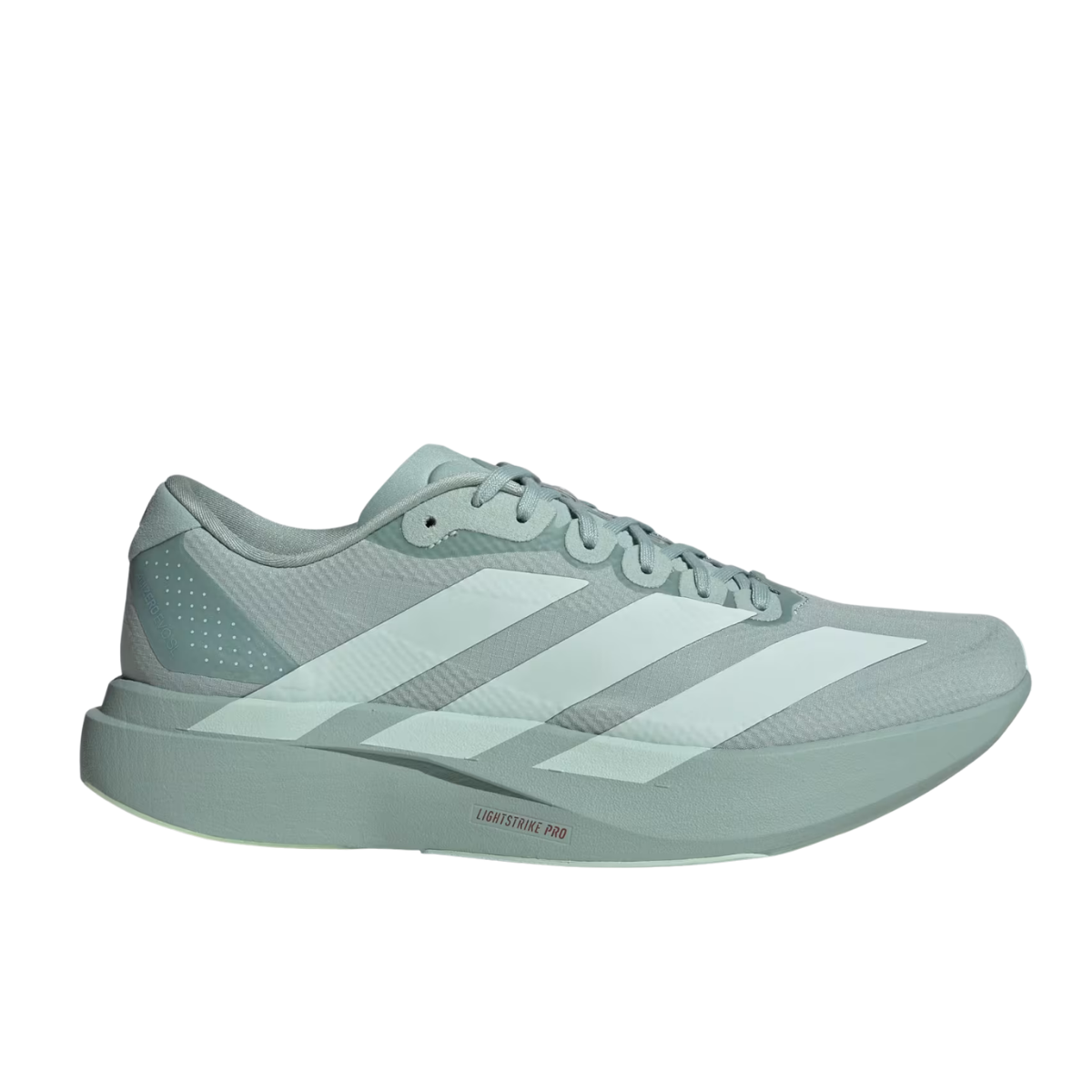 An Adidas Lightstrike Pro running shoe in a pale sage green and white colorway, shown from a side profile view against a plain white background.