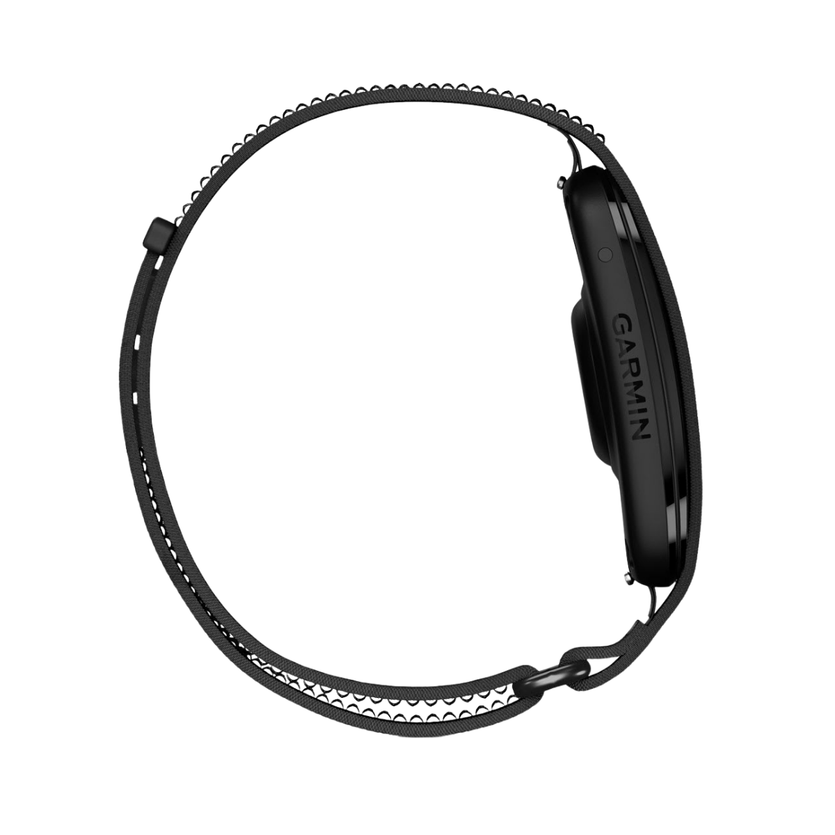 A black Garmin smartwatch with a matching black woven strap, shown from a side profile view against a solid white background.