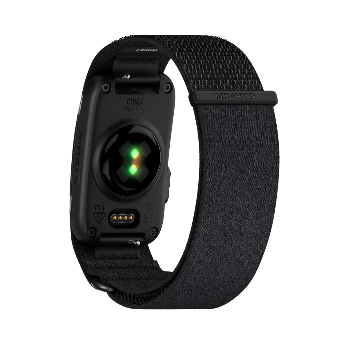 A Garmin smart heart rate monitor with a black fabric loop band, shown from the back against a solid white background.