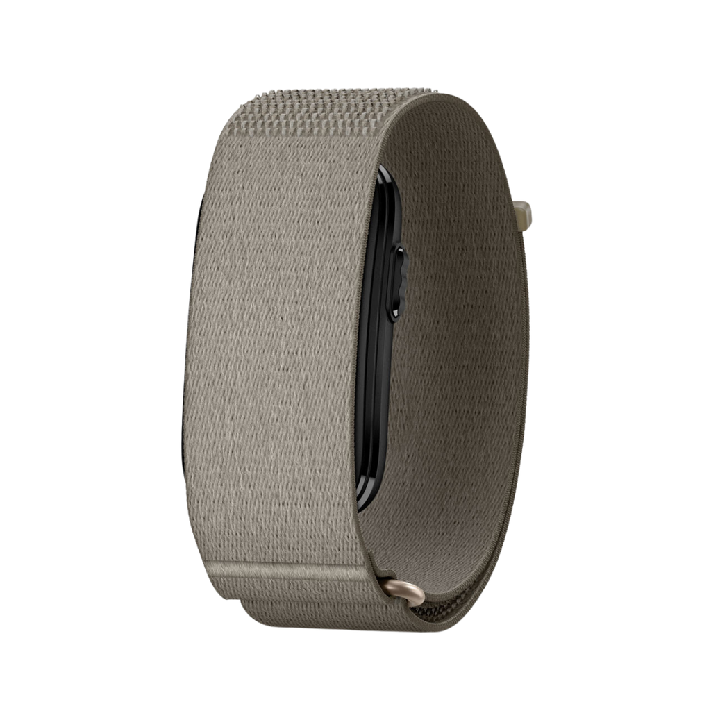 A textured gray fabric smartwatch band shown from a side profile view against a solid white background.