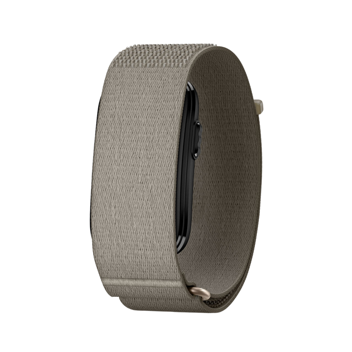 A textured gray fabric smartwatch band shown from a side profile view against a solid white background.