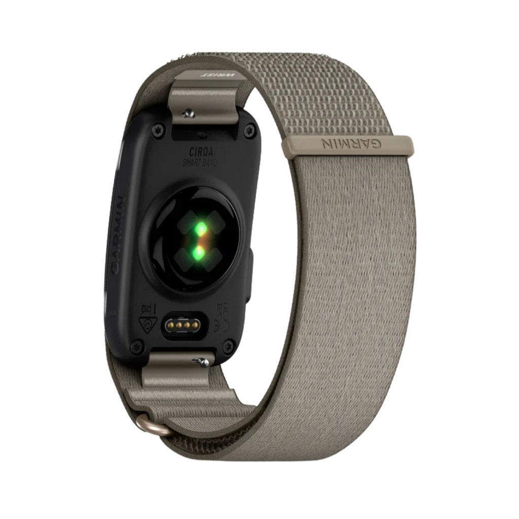 Garmin smartwatch with a black circular heart monitor face and a textured taupe-gray fabric loop strap, shown on a plain white background.