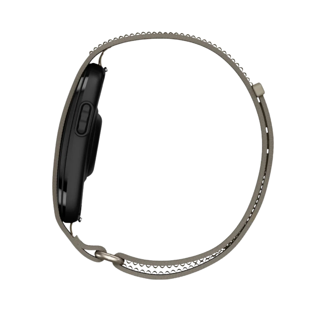 A side view of a smartwatch with a black rectangular face and a metallic silver loop band, isolated on a white background.