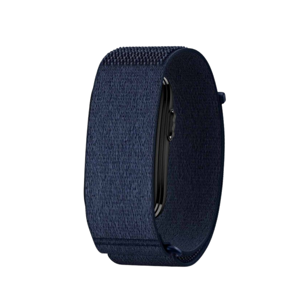 A dark navy blue fabric watch band with a textured woven pattern, shown on a black smartwatch against a plain white background.