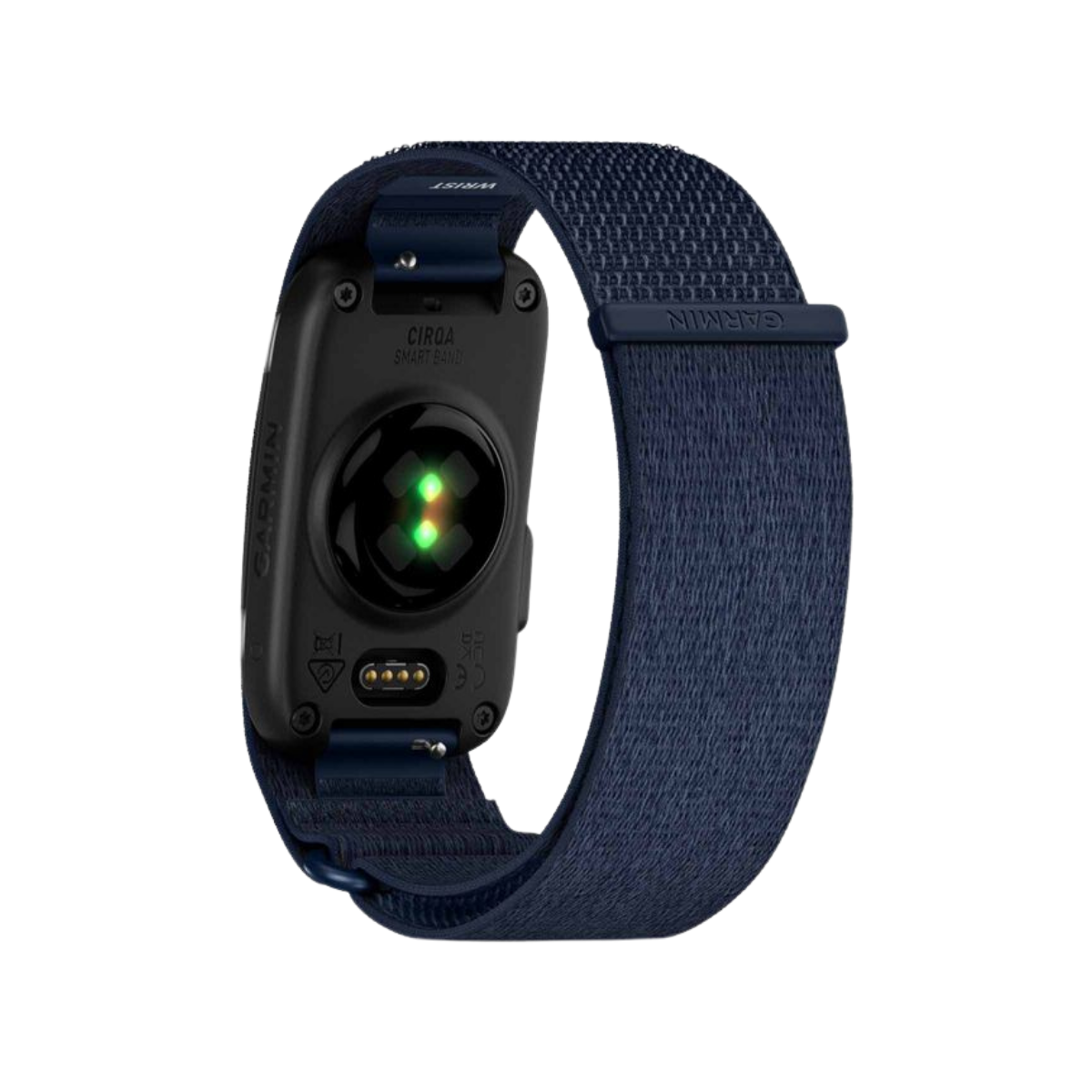 Garmin smartwatch with a dark navy blue woven strap, shown from the back on a solid white background.