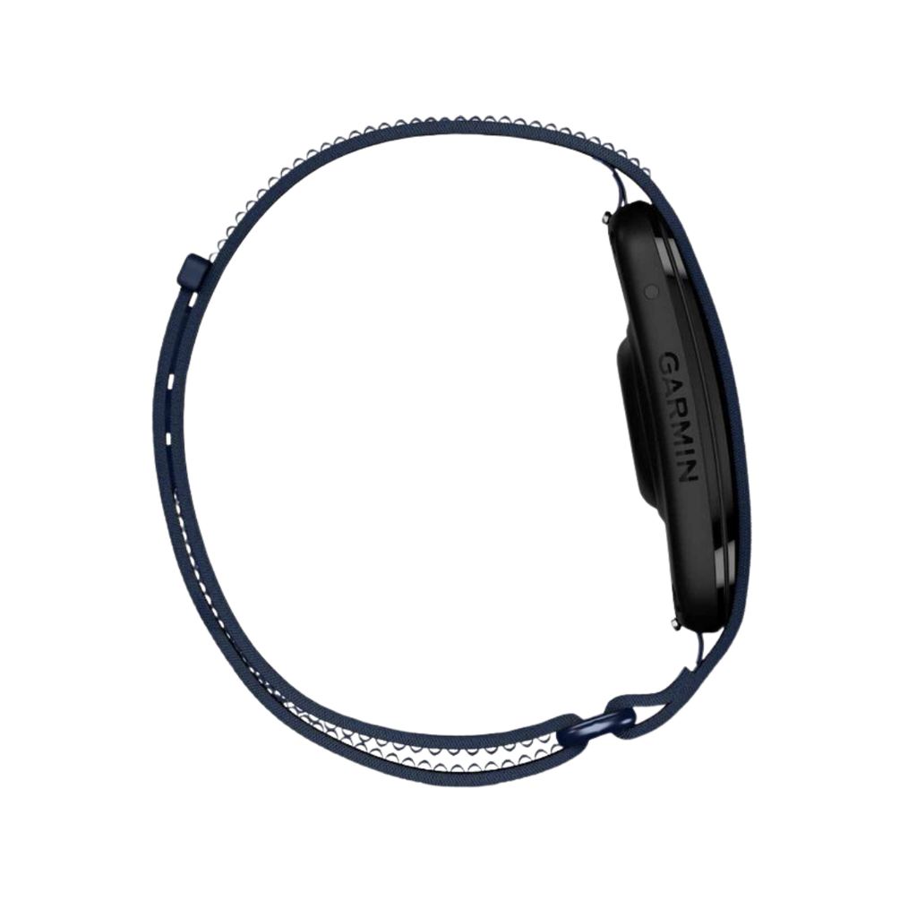 A Garmin smartwatch with a dark navy blue woven strap, shown from a side profile view against a solid white background.
