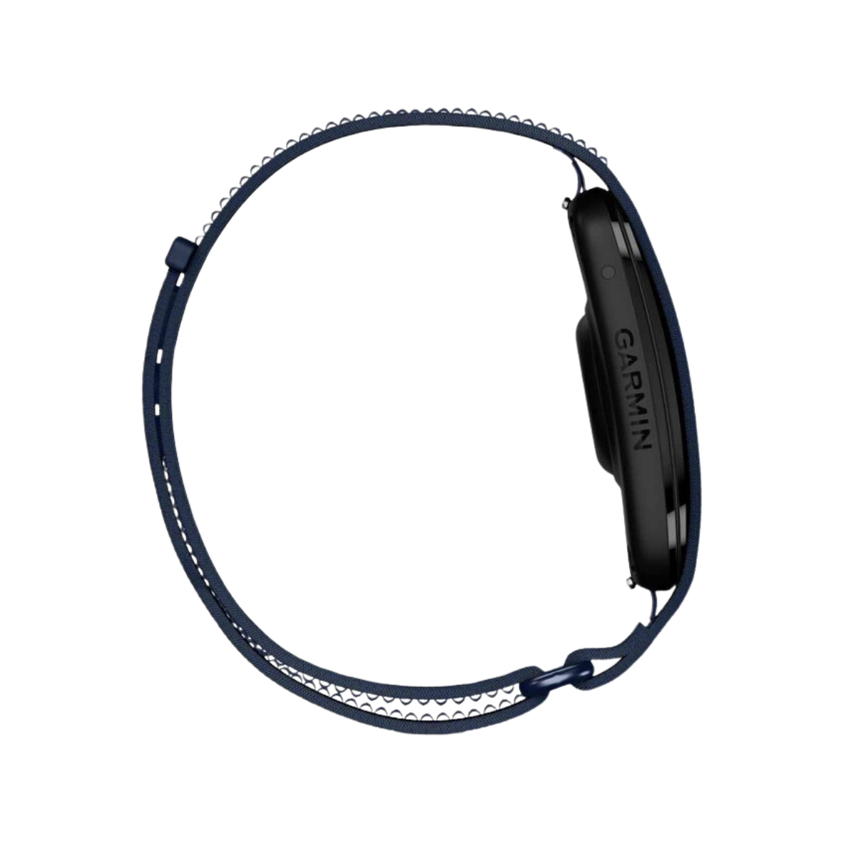 A Garmin smartwatch with a dark navy blue woven strap, shown from a side profile view against a solid white background.
