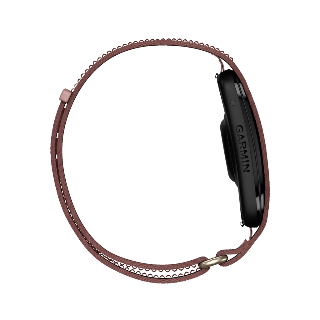 A Garmin smartwatch with a dark gray rectangular side profile and a brown leather strap, shown from the side on a plain white background.
