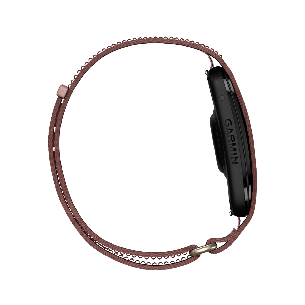 A Garmin smartwatch with a dark gray rectangular side profile and a brown leather strap, shown from the side on a plain white background.