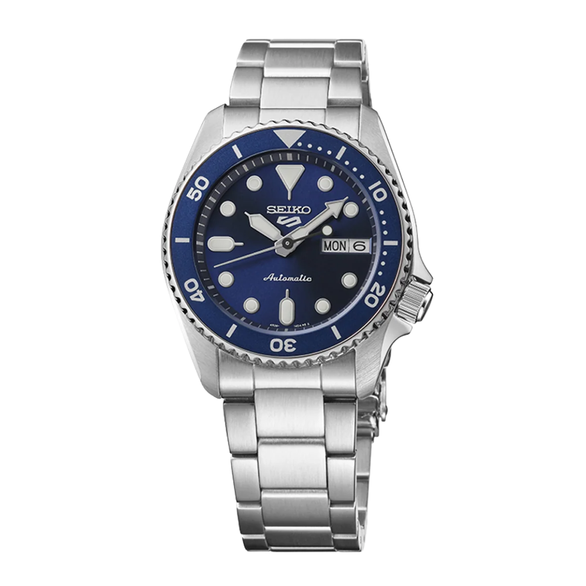 A Seiko stainless steel automatic watch with a blue dial and blue bezel, featuring silver-tone metal case and link bracelet on a white background.