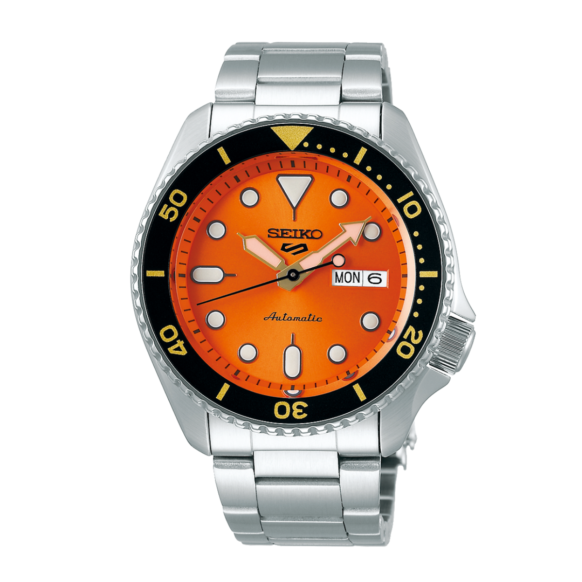 A Seiko automatic watch with a silver stainless steel link bracelet, a bright orange dial, and a black rotating bezel with yellow markings, shown against a plain white background.