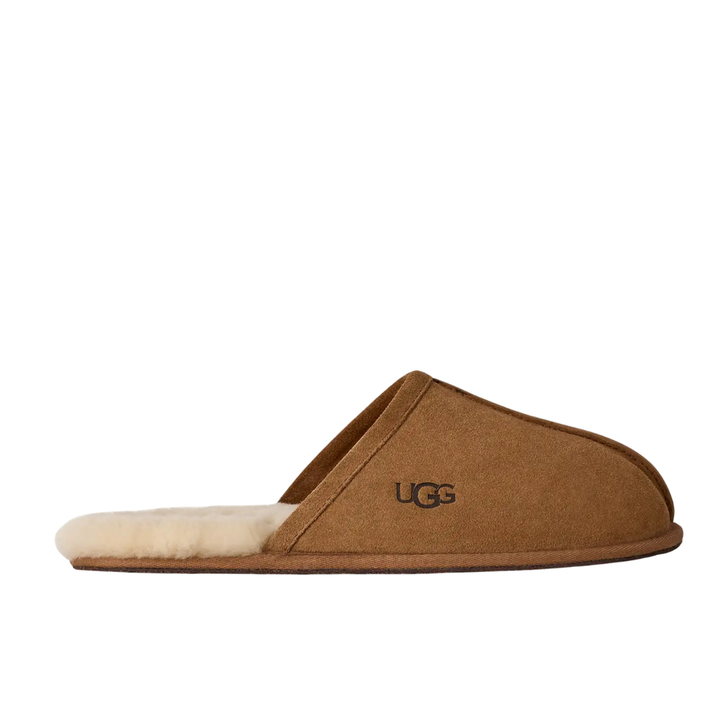 A single UGG slip-on mule slipper in brown suede with a cream shearling lining, shown in a side profile on a white background.