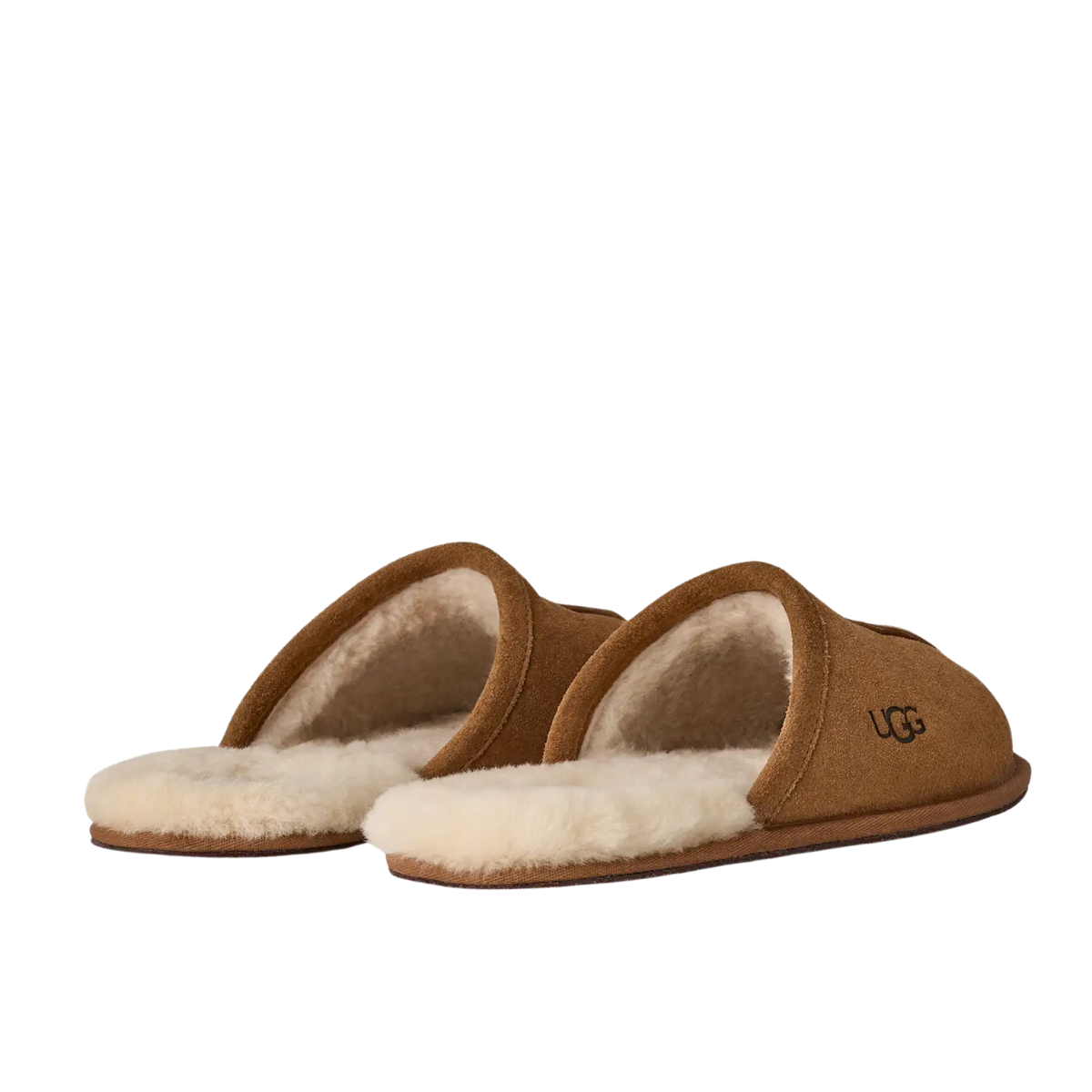 A pair of UGG slip-on slippers with a brown suede-like exterior and a soft cream-colored shearling lining, shown against a plain white background.