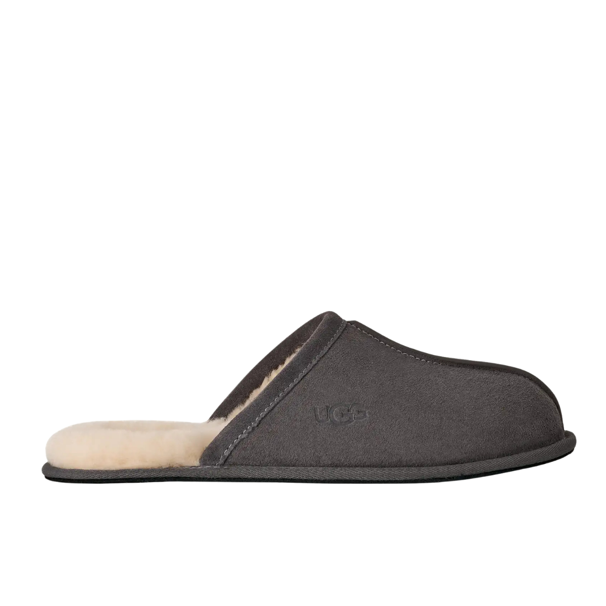 A single dark gray slip-on mule slipper with a light beige shearling lining, shown in a side profile view against a plain white background. The embossed logo on the side indicates the brand is UGG.