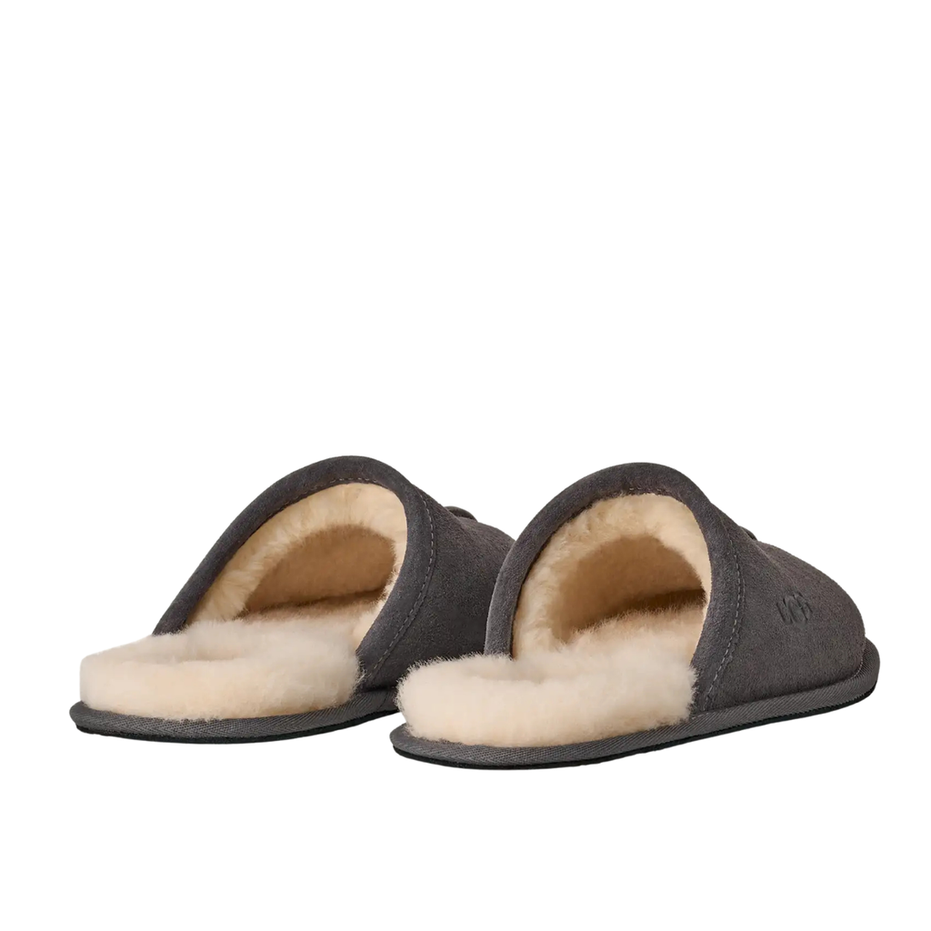 A pair of dark gray slip-on slippers with a soft beige shearling lining, shown from a side angle on a plain white background.